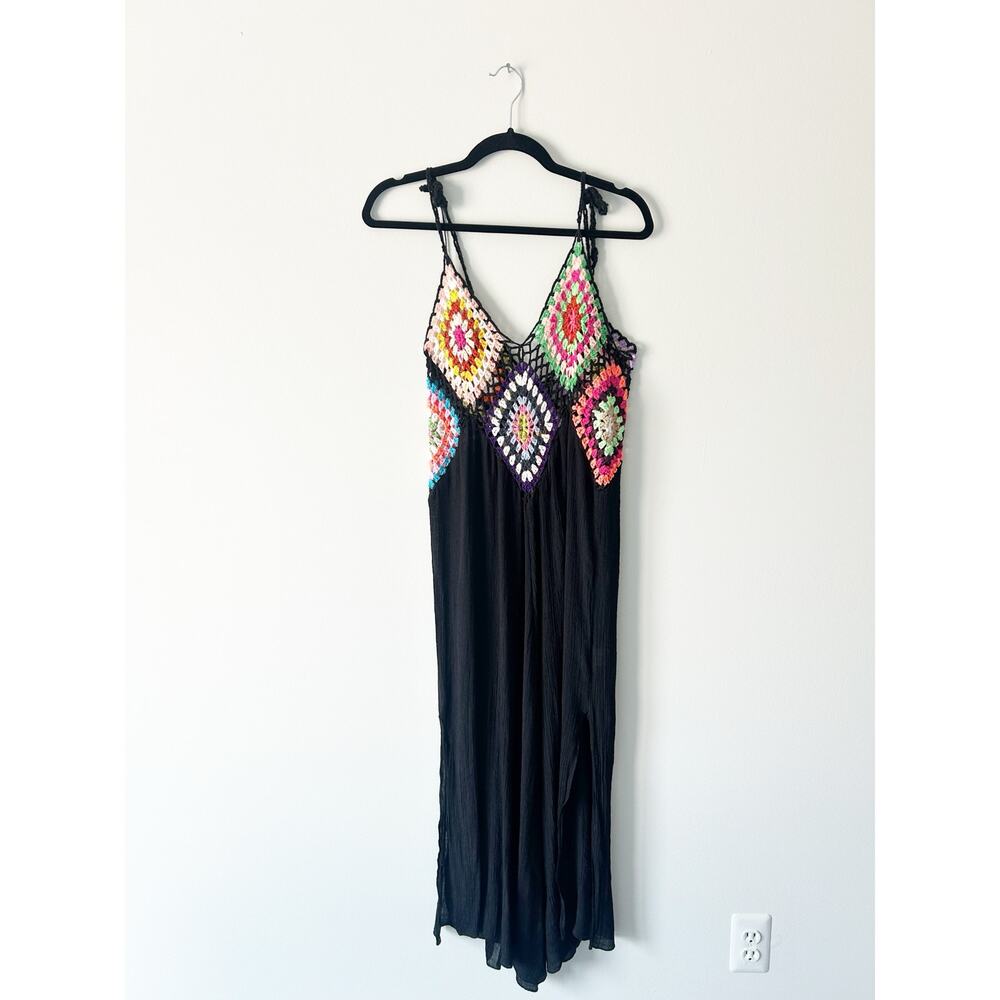 Shein Black Retro 70s Crochet Top Slip Festival Dress Extra Large